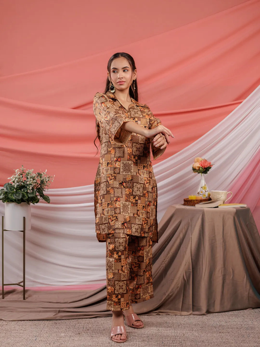 Yufta Cotton Brown Digital Printed Workwear Co-Ord Set With Pintuck Detailing On Sleeves