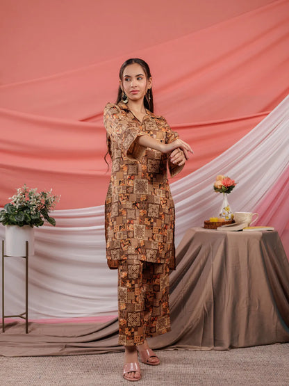 Yufta Cotton Brown Digital Printed Workwear Co-Ord Set With Pintuck Detailing On Sleeves