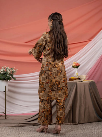 Yufta Cotton Brown Digital Printed Workwear Co-Ord Set With Pintuck Detailing On Sleeves