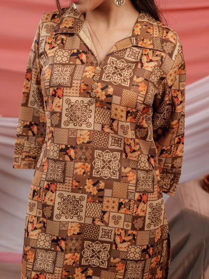 Yufta Cotton Brown Digital Printed Workwear Co-Ord Set With Pintuck Detailing On Sleeves