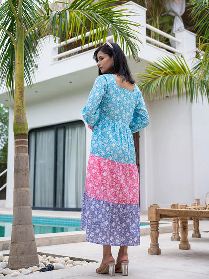 Yufta Blue Cotton Colour Blocking Tiered Dress