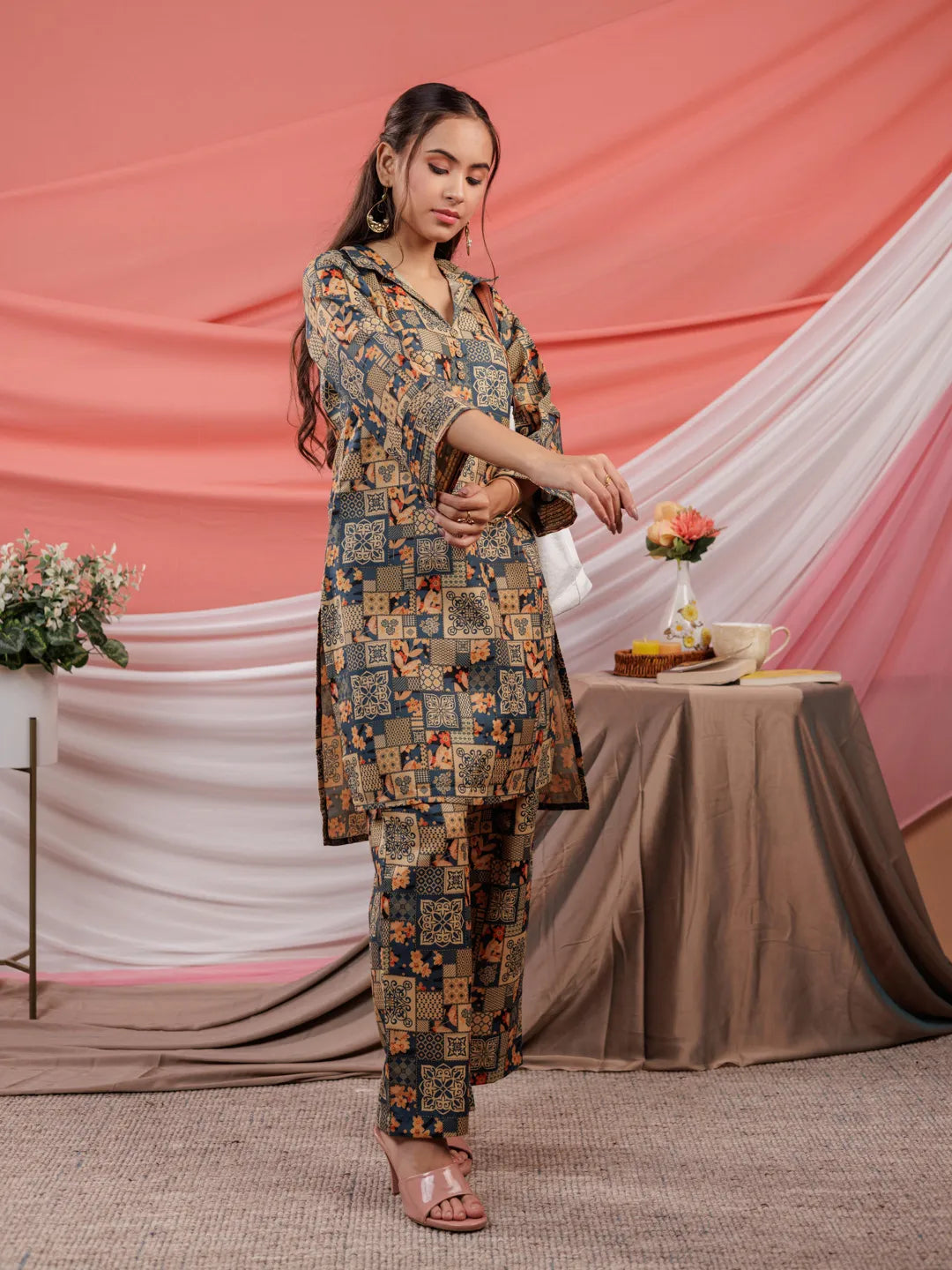 Yufta Cotton Green Digital Printed Workwear Co-Ord Set With Pintuck Detailing On Sleeves
