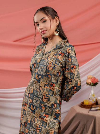 Yufta Cotton Green Digital Printed Workwear Co-Ord Set With Pintuck Detailing On Sleeves