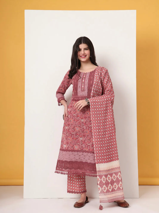 Yufta Cotton Pink Kurta Dupatta Set With Lace Detailing