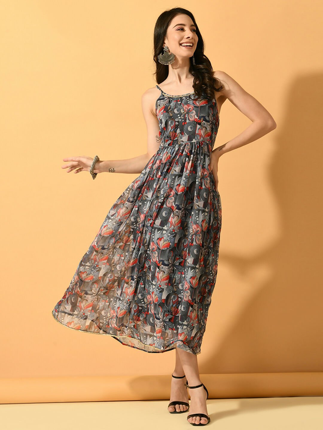 Myshka Women's Grey Fit and Flare Party Dress