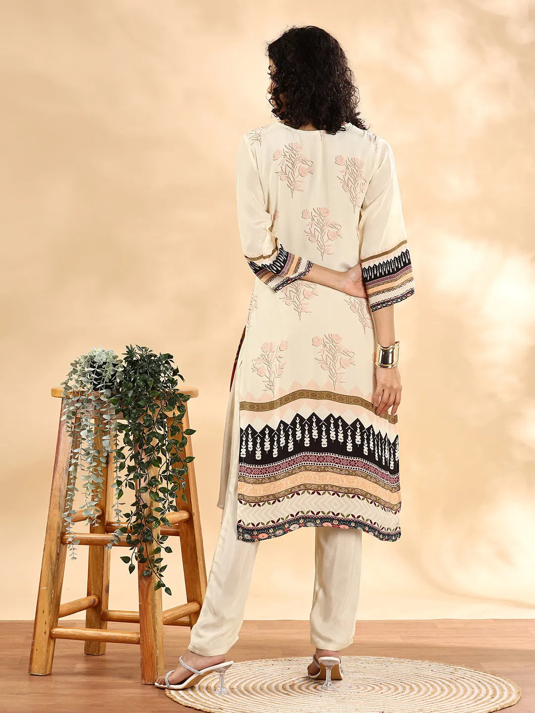 Yufta Cream And Black Pure Silk Sequins Work Straight Kurta Dupatta Pant Set