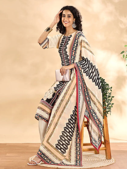 Yufta Cream And Black Pure Silk Sequins Work Straight Kurta Dupatta Pant Set