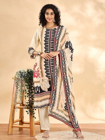 Yufta Cream And Black Pure Silk Sequins Work Straight Kurta Dupatta Pant Set