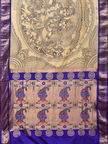 Cream and Blue Kalamkari Hand Painted Paithani Silk Handloom Saree with Ramayana Design - Global Threads