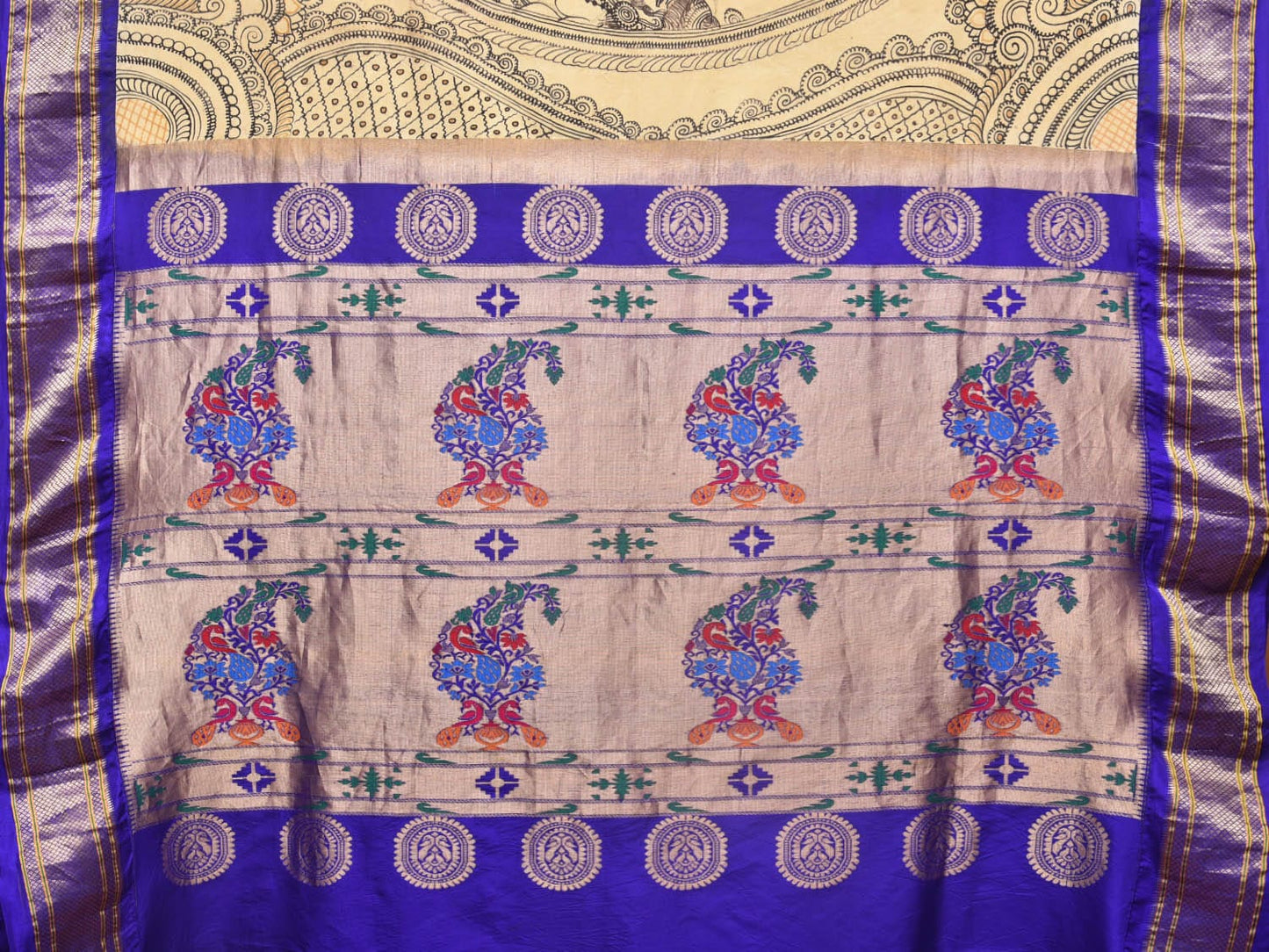 Cream and Blue Kalamkari Hand Painted Paithani Silk Handloom Saree with Ramayana Design - Global Threads