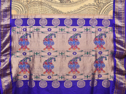 Cream and Blue Kalamkari Hand Painted Paithani Silk Handloom Saree with Ramayana Design - Global Threads