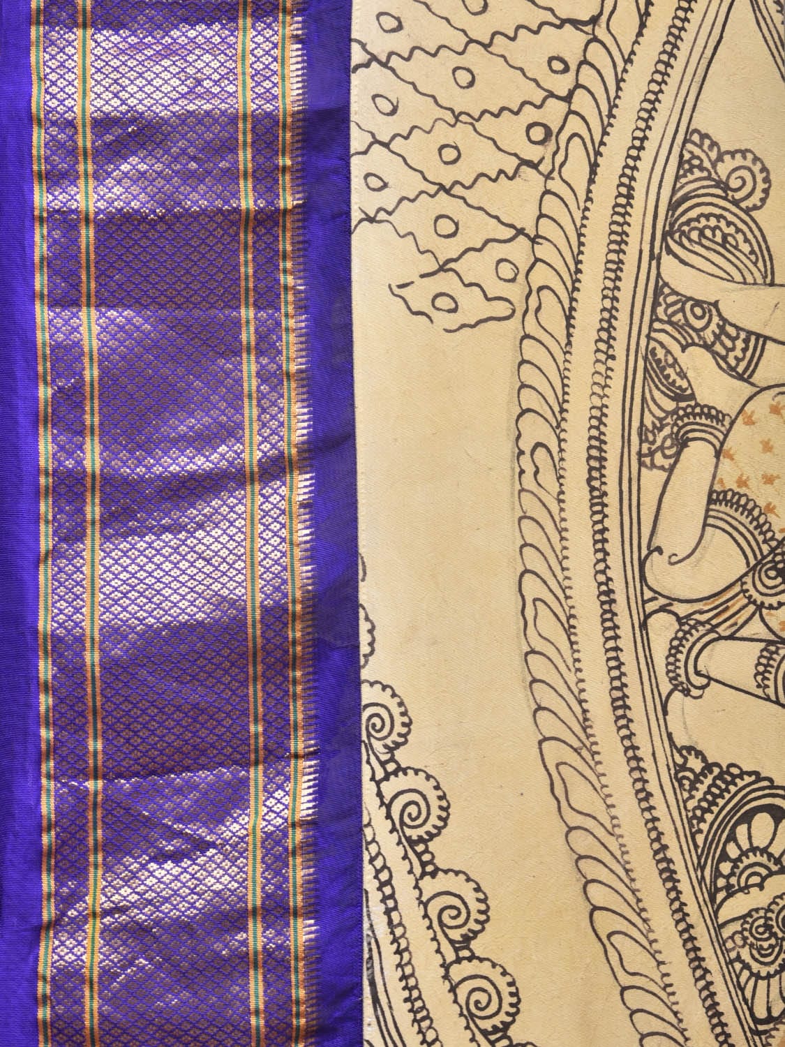 Cream and Blue Kalamkari Hand Painted Paithani Silk Handloom Saree with Ramayana Design - Global Threads