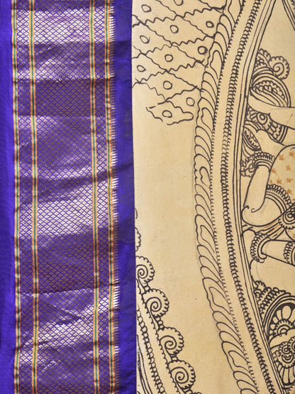 Cream and Blue Kalamkari Hand Painted Paithani Silk Handloom Saree with Ramayana Design - Global Threads