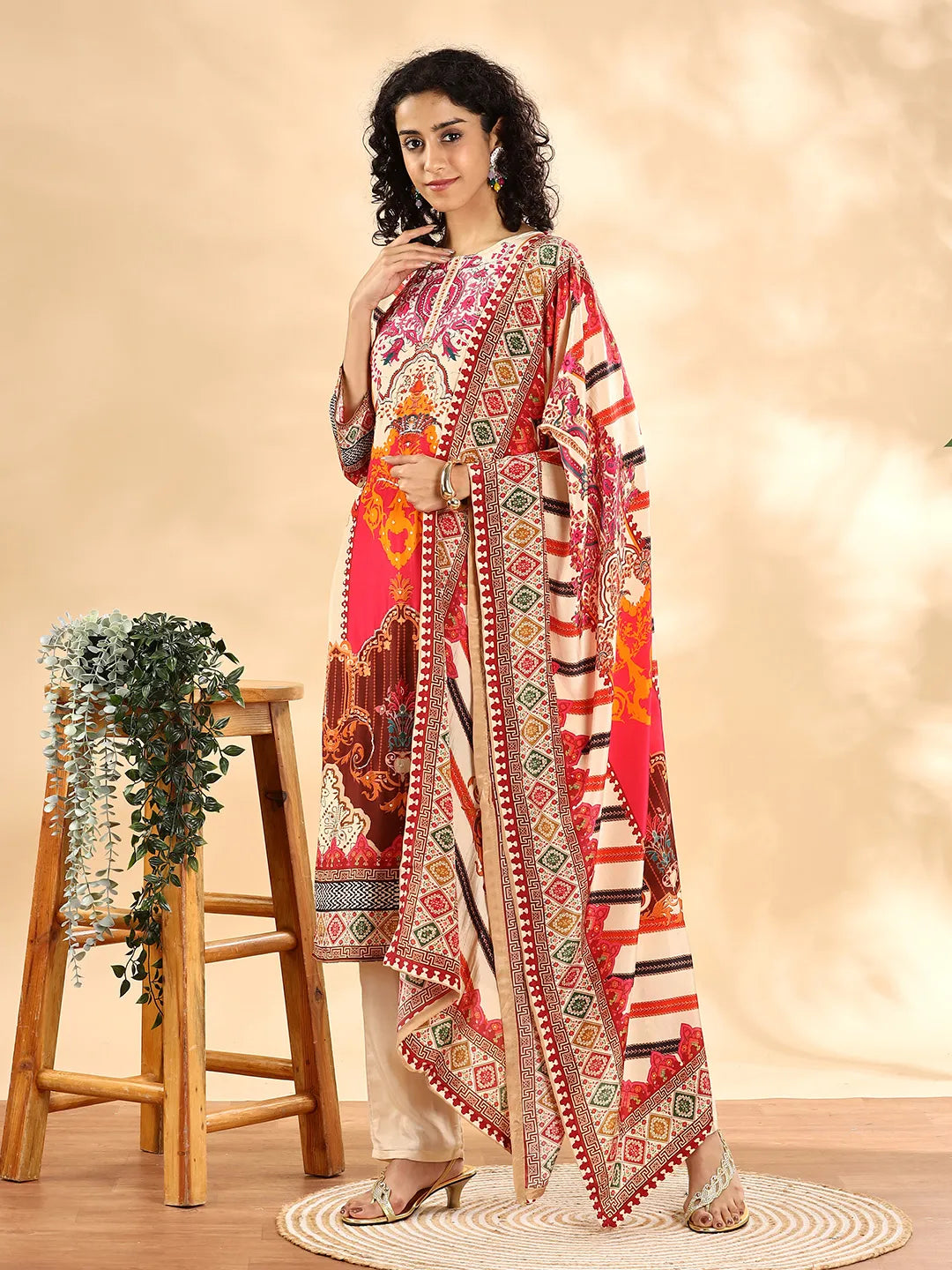 Yufta Cream And Pink Silk Crepe Sequins Work Straight Kurta Dupatta Pant Set