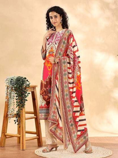 Yufta Cream And Pink Silk Crepe Sequins Work Straight Kurta Dupatta Pant Set