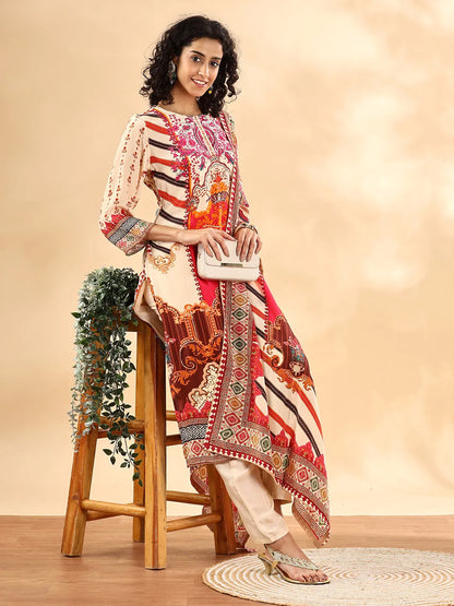Yufta Cream And Pink Silk Crepe Sequins Work Straight Kurta Dupatta Pant Set