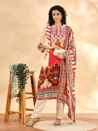 Yufta Cream And Pink Silk Crepe Sequins Work Straight Kurta Dupatta Pant Set