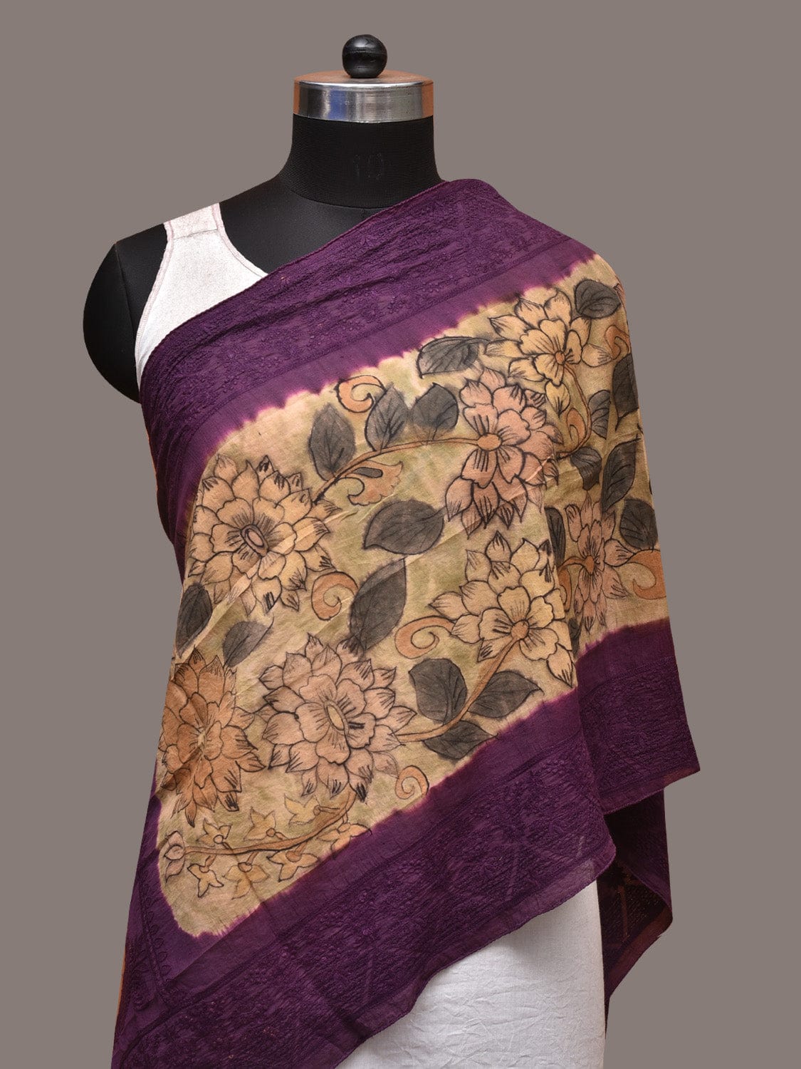 Cream and Purple Kalamkari Hand Painted Sico Stole with Floral and Embroidery Design - Global Threads