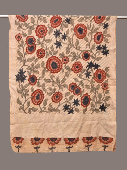 Cream Kalamkari Hand Painted Cotton Silk Dupatta with Floral Design - Global Threads