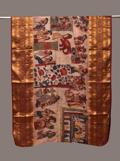 Cream Kalamkari Hand Painted Kanchipuram Silk Handloom Dupatta with Ajanta Design - Global Threads