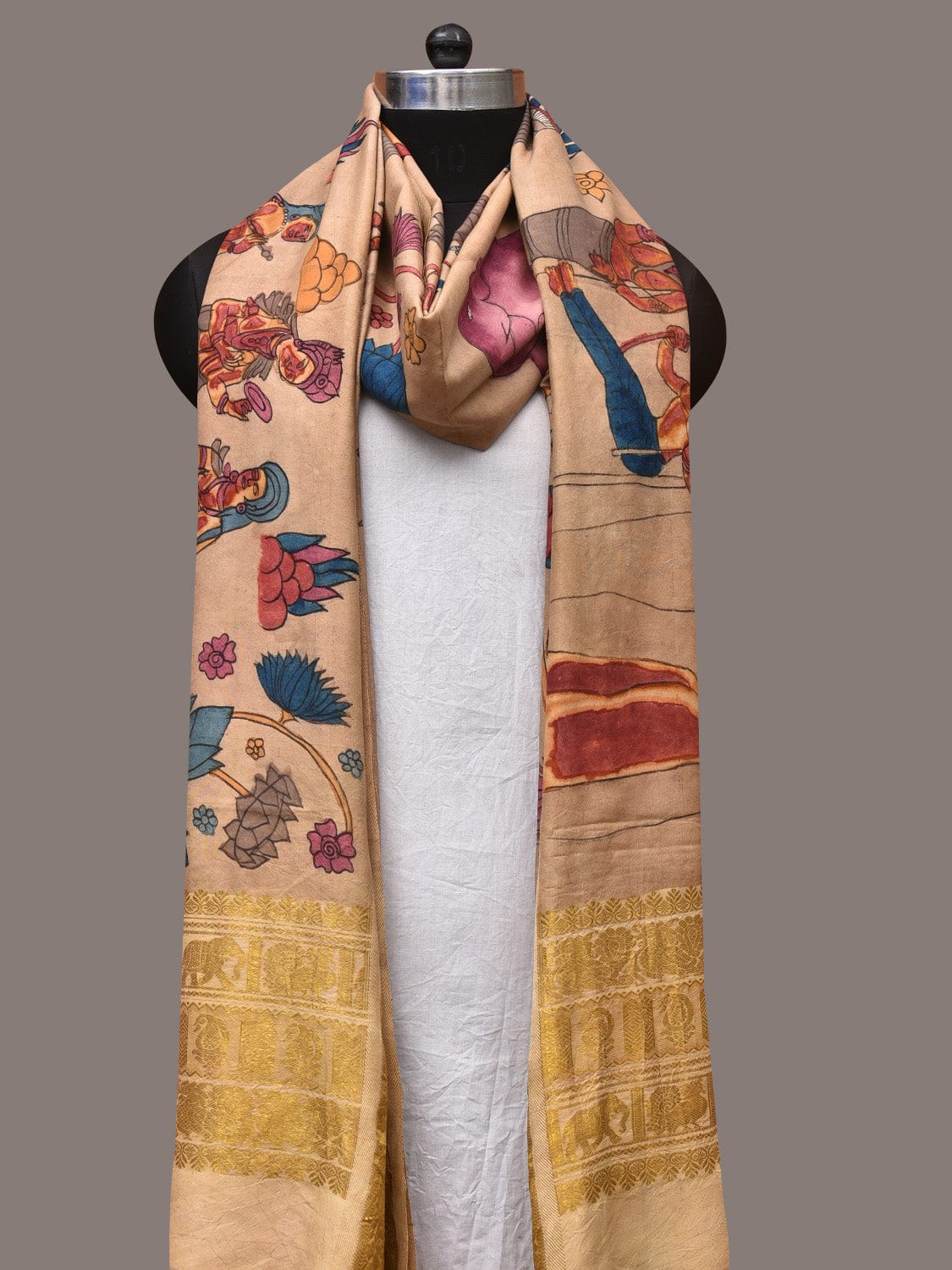 Cream Kalamkari Hand Painted Kanchipuram Silk Handloom Dupatta with Ajanta Design - Global Threads