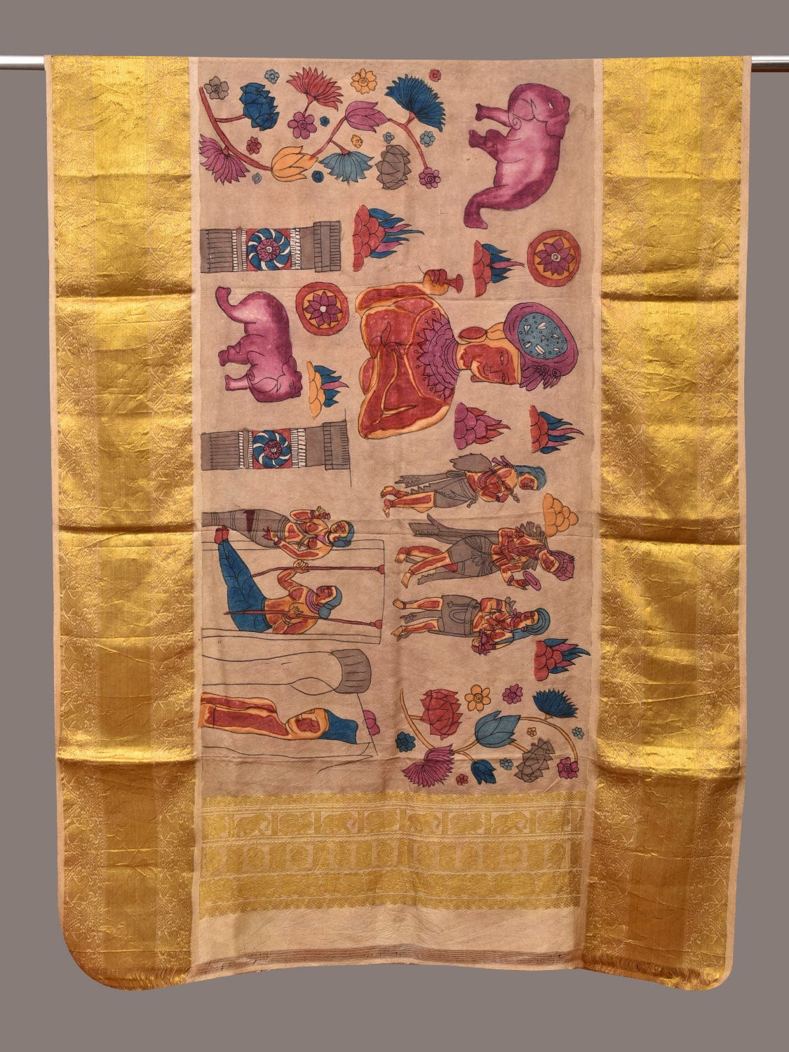 Cream Kalamkari Hand Painted Kanchipuram Silk Handloom Dupatta with Ajanta Design - Global Threads