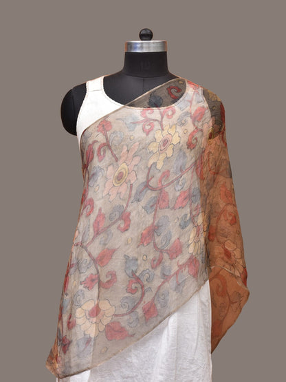 Cream Kalamkari Hand Painted Organza Stole with Floral Design - Global Threads