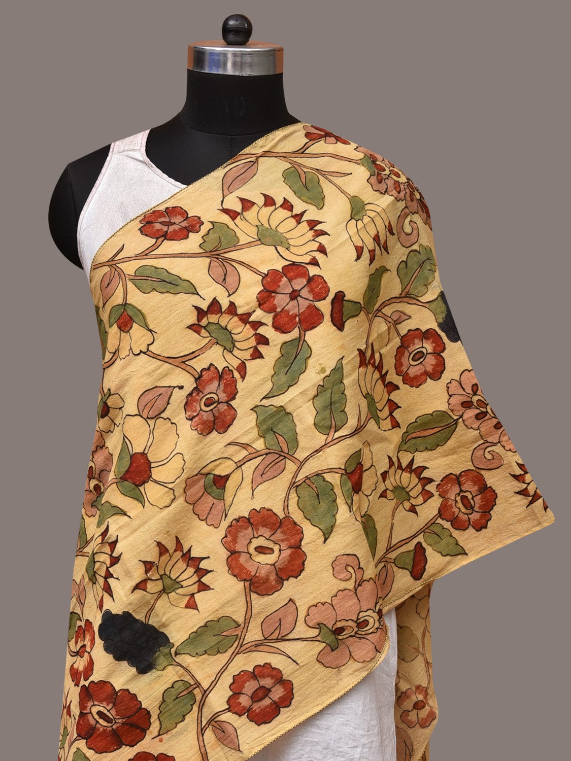 Cream Kalamkari Hand Painted Sico Stole with Floral Design - Global Threads