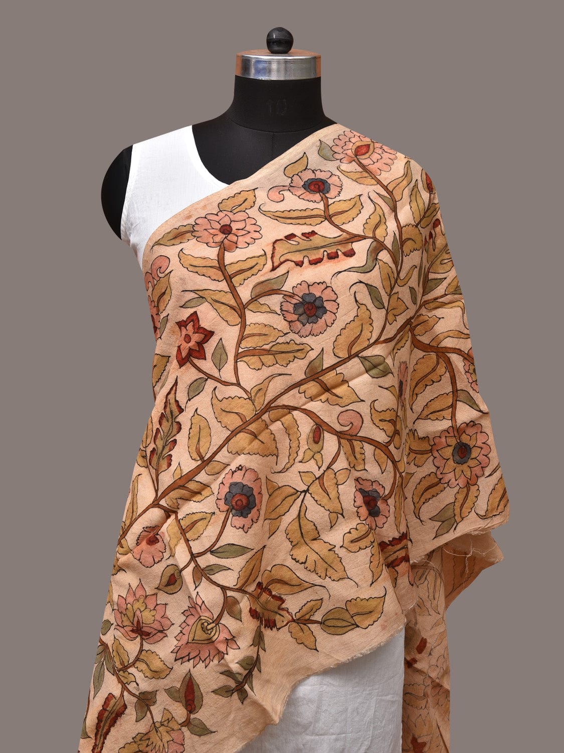 Cream Kalamkari Hand Painted Sico Stole with Tree of Life Design - Global Threads