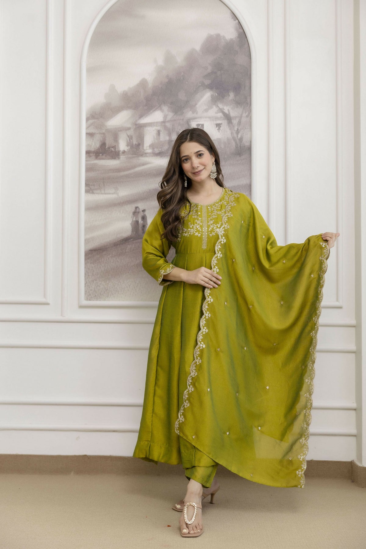 The52 Light Green Women's Beautiful Vichitra Silk Fabric Embroidered Work Flared Anarkali Pant and Dupatta Set