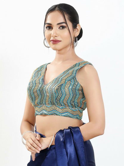 Joban Fashion Blue Multi Silk Padded Blouse With V Neck Sleeveless