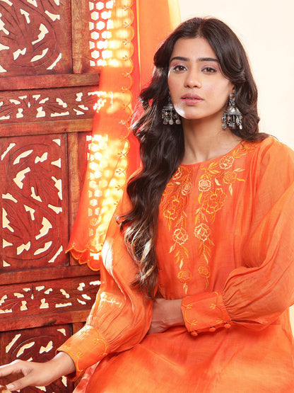 BohoJazz Nazm Embroidered Cuff-Sleeves Kurta Set with Dupatta - Rust Orange