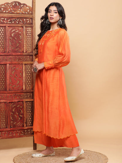 BohoJazz Nazm Embroidered Cuff-Sleeves Kurta Set with Dupatta - Rust Orange