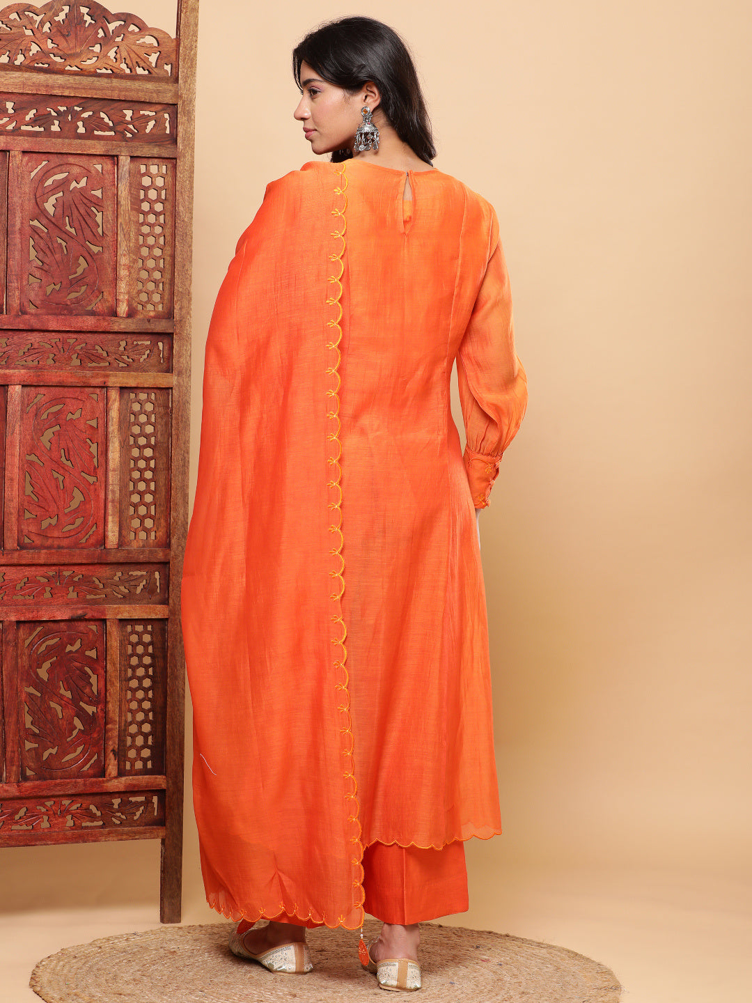 BohoJazz Nazm Embroidered Cuff-Sleeves Kurta Set with Dupatta - Rust Orange