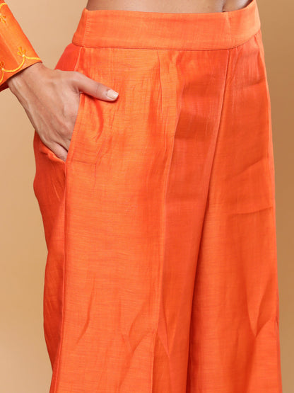 BohoJazz Nazm Embroidered Cuff-Sleeves Kurta Set with Dupatta - Rust Orange