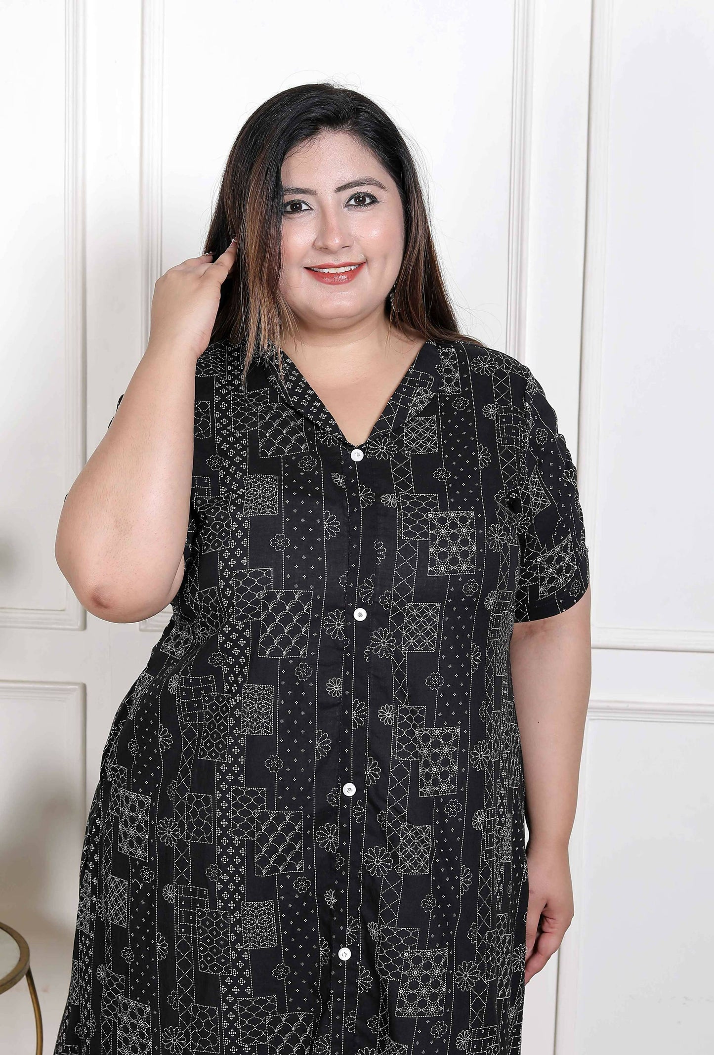 Miravan Women's Plus Size Pure Cotton Black Floral Printed Front Button A-Line Kurta