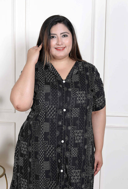 Miravan Women's Plus Size Pure Cotton Black Floral Printed Front Button A-Line Kurta