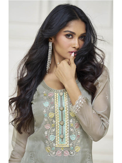 Myra Pastel Grey Organza Silk Embroidered Pant Style Suit