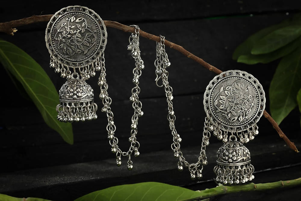 Mominos Fashion Johar Kamal Trendy Oxidized Silver Plated Bahubali Jhumkas