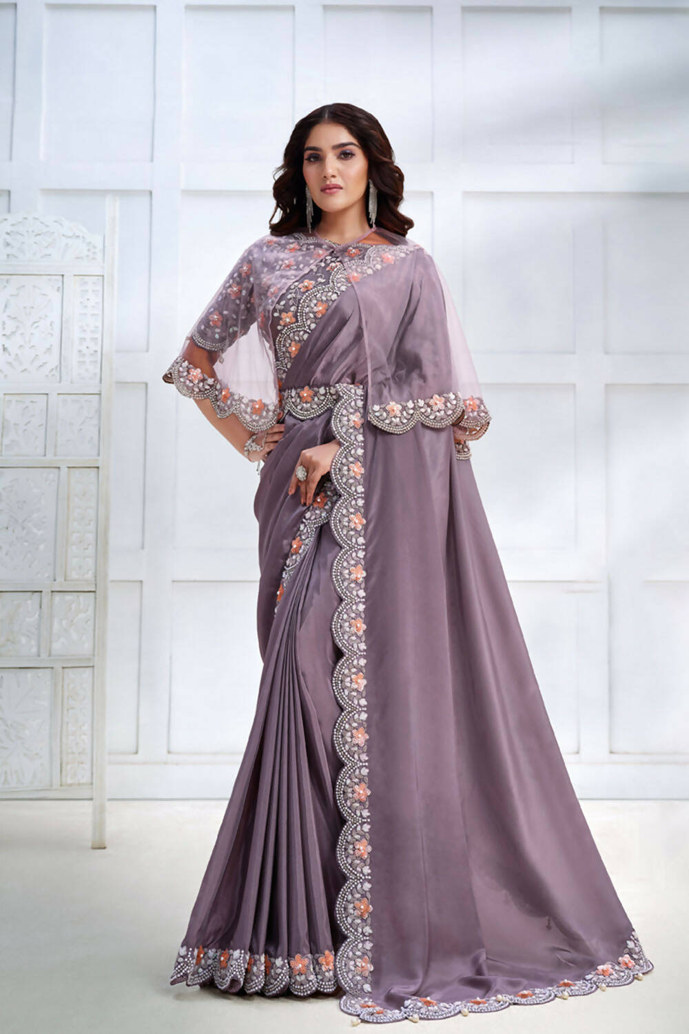 Lavender Crepe satin silk Cord & Sequence Embroidered with Stone work Saree - Mohmanthan Majestica