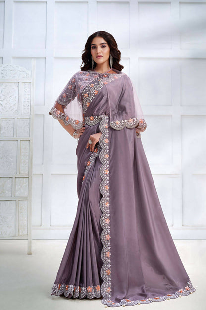 Lavender Crepe satin silk Cord & Sequence Embroidered with Stone work Saree - Mohmanthan Majestica