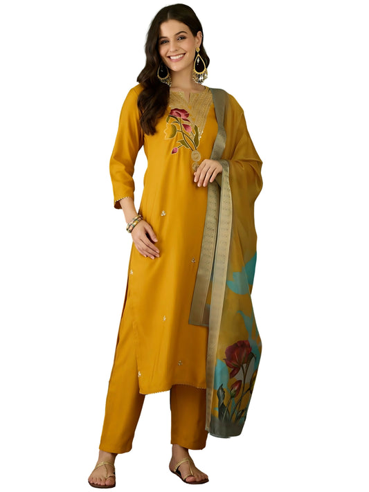 The52 Mustard Women's Beautiful Rayon Fabric Embroidered Work Straight Kurta, Pant and Dupatta Set