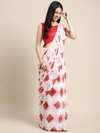 Saree Mall Women White & Red Printed Poly Chiffon Bandhani Saree With Matching Blouse