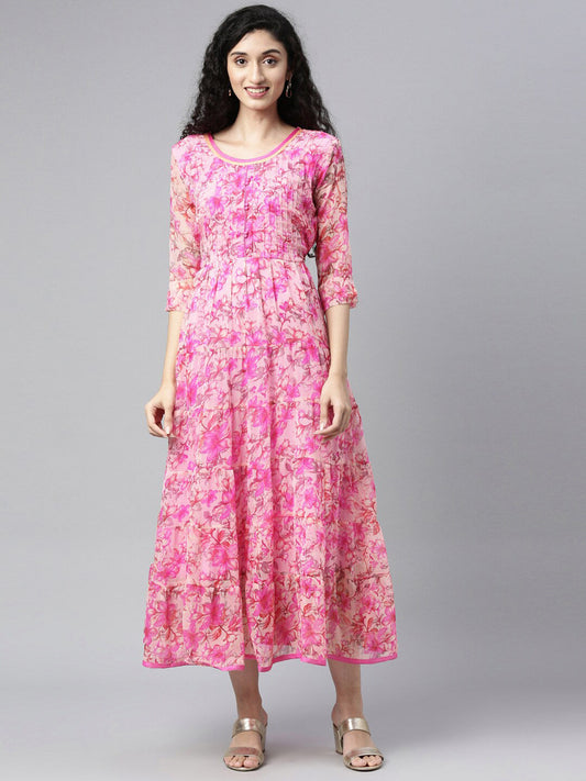 Souchii Beautiful Pink & peaches n cream Floral Layered Chiffon Midi Dress