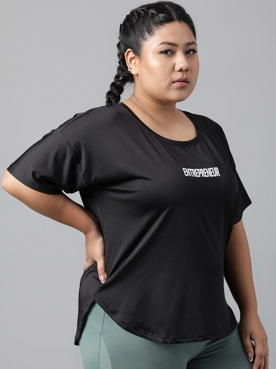 MKH Women Plus Size Typography Printed Drop shoulder Sleeves Dri-FIT Relaxed Fit T-shirt