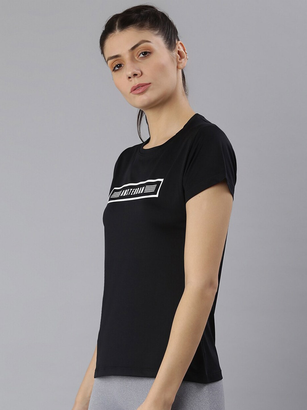 MKH Women Black Typography Printed Round Neck Dri-FIT T-shirt