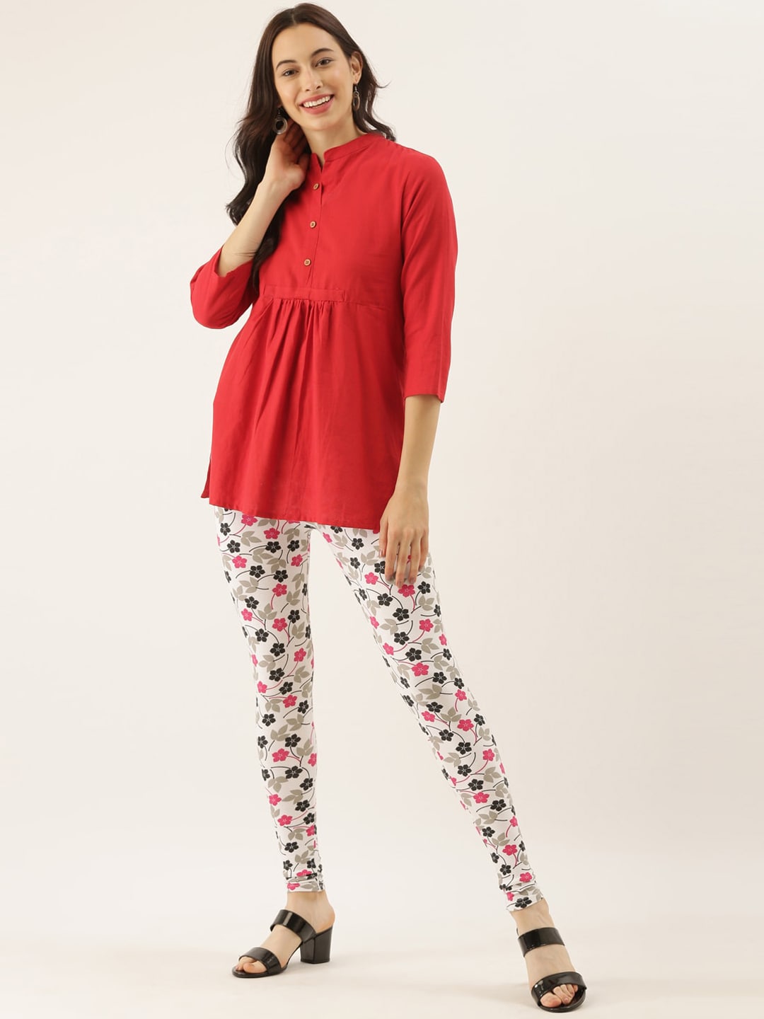Souchii White & Pink Printed Slim-Fit Ankle-Length Leggings