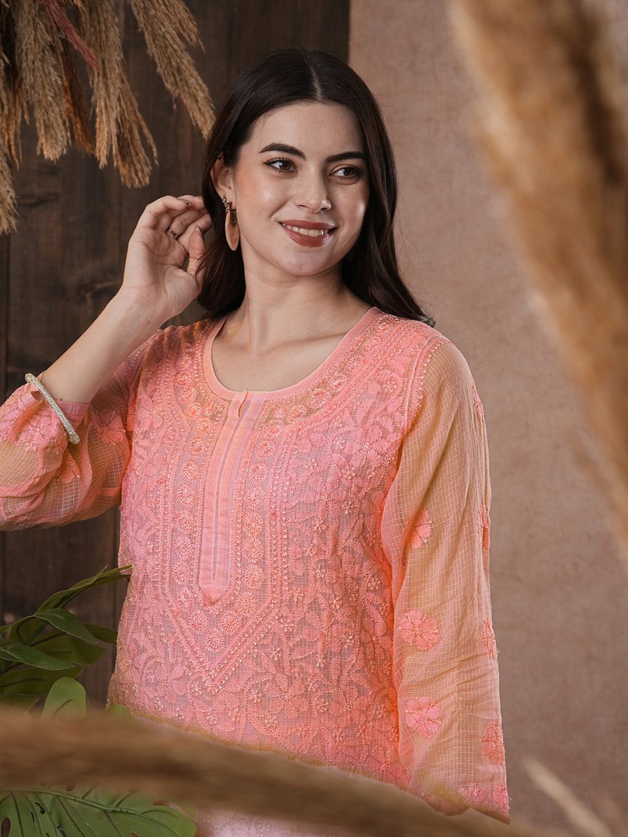 ADA Women Peach-Coloured Chikankari Hand Embroidered Straight Kota Handloom Kurta With Matching Slip