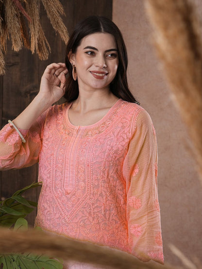 ADA Women Peach-Coloured Chikankari Hand Embroidered Straight Kota Handloom Kurta With Matching Slip