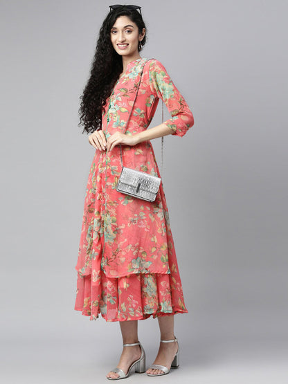 Souchii Women Pink & Green Floral Layered A-Line Midi Dress